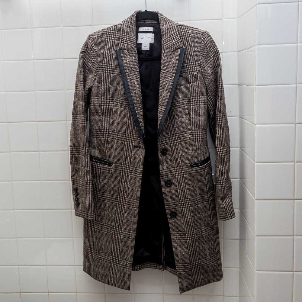 Club Monaco Italian Wool Coat with Leather Trim